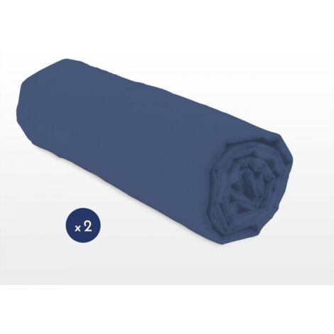 Lot de 2 draps housse uni coton 57 fils bleu 90x190 cm bonnet 25 cm (1/3)
