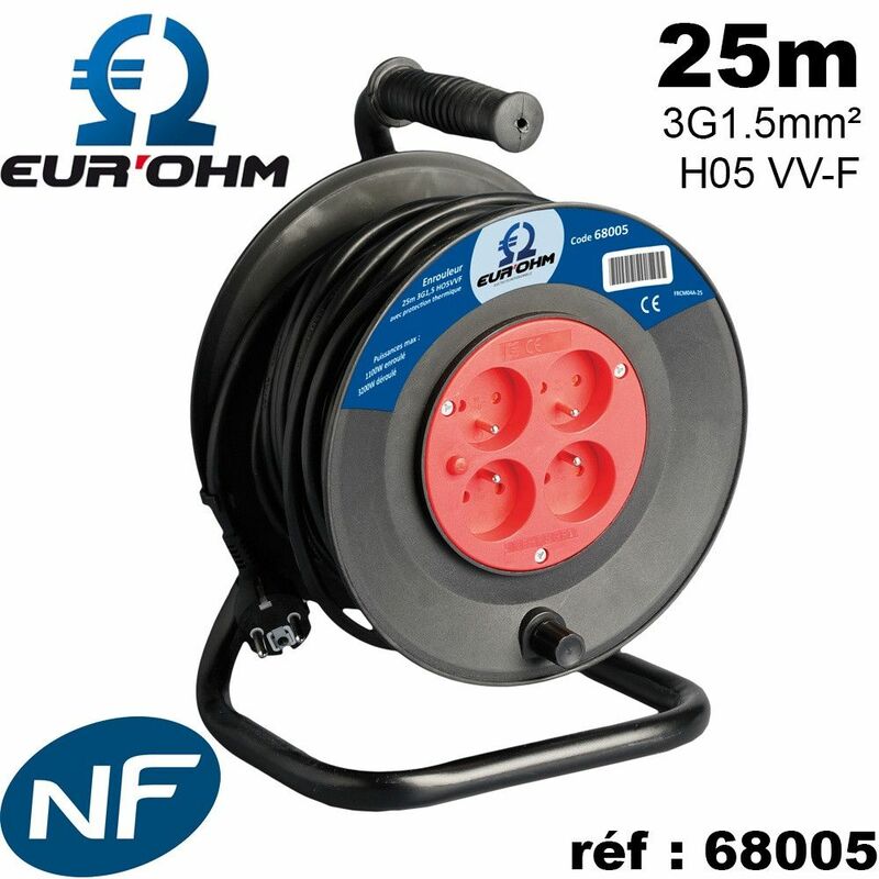 Enrouleur électrique 4 prises 2P+T 3G1.5mm² 25m ou 50m noir H05 VV-F NF - Type enrouleur électrique - 4 prises 16A - Longueur 25m - H05VVF 3G1,5
