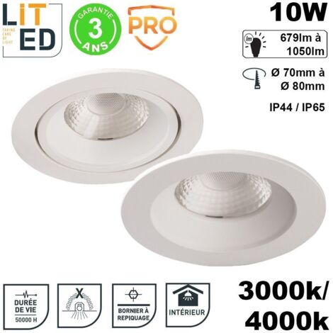Spot LED COBI orientable ou fixe encastrable 10W 679 à 1050lm IP44 ou IP65 - Type de Spot LED - Spot LED 10W - 1050lm - 4000K - IP44 - Ø perçage 70mm