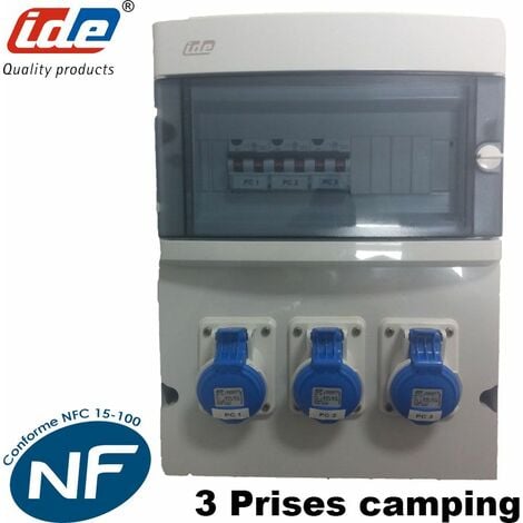 Coffret de camping 3 prises CEE pour camping car ou caravane - Nbre de prise / Protection - 3 prises camping - Sans disj. différentiel