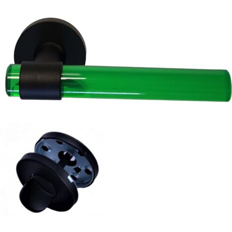Par de tiradores de puerta "JOY" en tubos de cristalina VERDE y Pies de acero inoxidable negro +1 Par de rosetas de condena