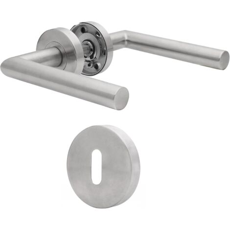 Juego de manijas para puertas de baño y aseo en forma de L de acero inoxidable, color plata cepillado