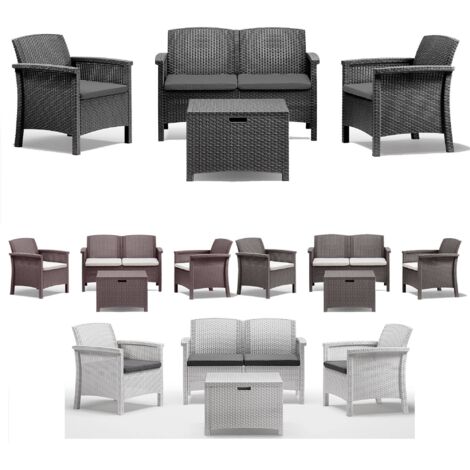 Bica – Salon de jardin gris 4 places en similrattan – Kit avec 2 fauteuils, canapé 2 places et table – Coussins inclus – Résistant aux intempéries
