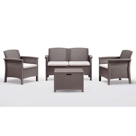 Salon de jardin en rotin de Venise 1 canapé 2 fauteuils 1 table basse Colombe avec oreillers beiges