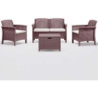 Bica – Salon de jardin marron 4 places en similirattan – Kit avec 2 fauteuils et canapé 2 places – Coussins inclus – Résistant aux intempéries