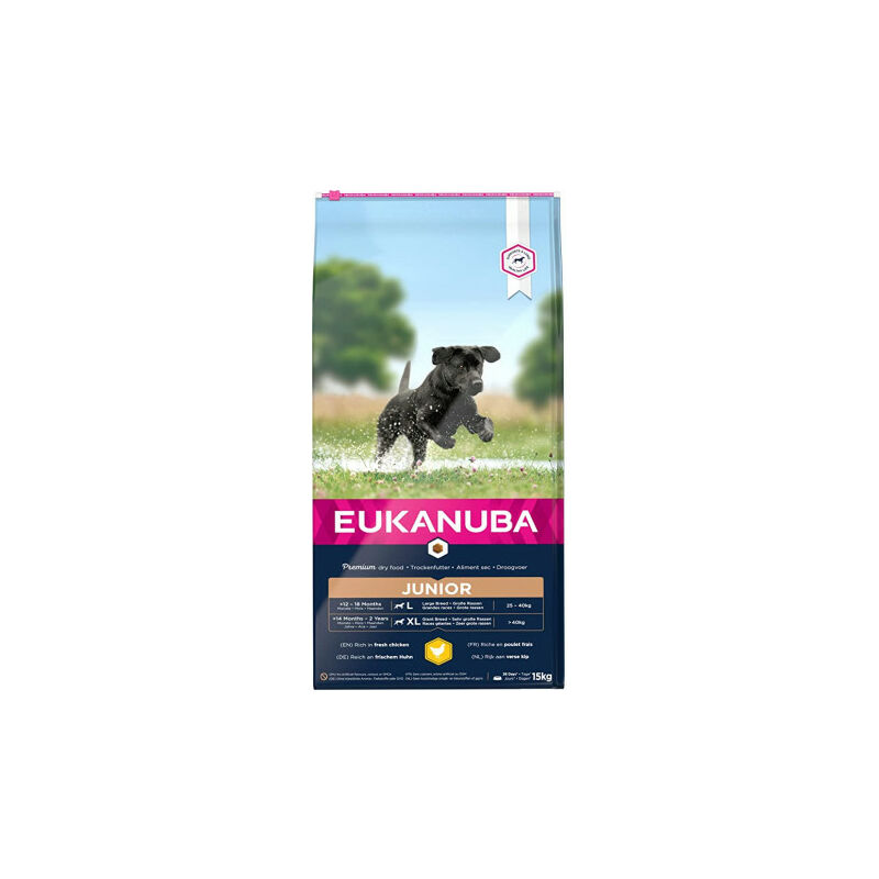 Eukanuba Junior, rico en pollo fresco. Exclusivo Alimento seco para cachorros de razas grande y gigantes Saco de 15 Kg