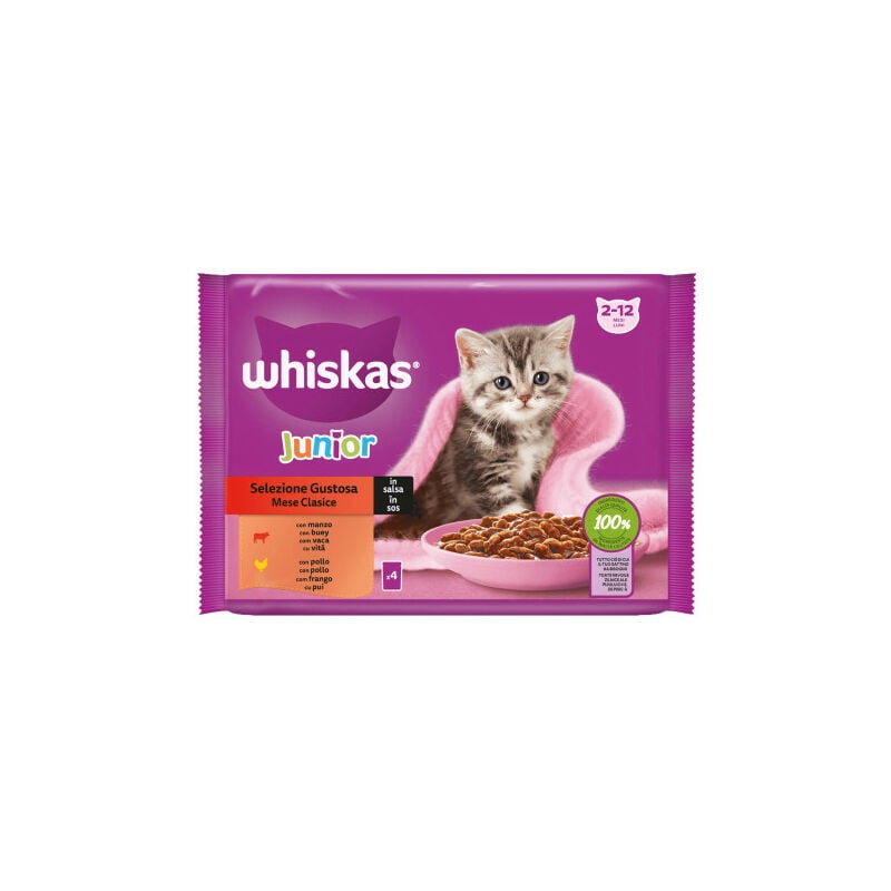 Whiskas Multipack De 4 bolsitas 100g carnes para gatos junior 400 comida 2 12 meses a base pollo en salsa uds. 100 piensos