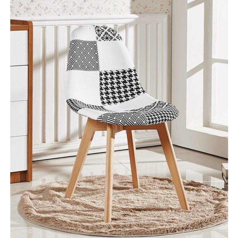 Lot de 4 chaises en tissu patchwork et métal noir - avec accoudoirs - noir  & blanc LIFE