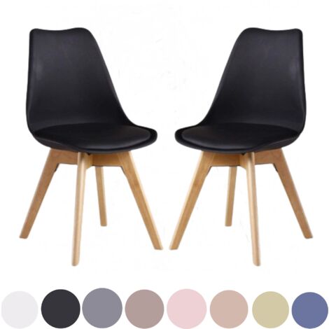 Ensemble de 2 chaises de salle à manger scandinaves – Rembourrées en similicuir – Coque en polypropylène – Pieds en bois massif – Noir – Pn Home
