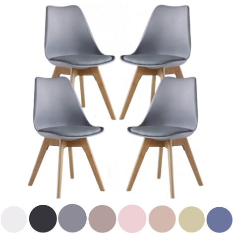 Lot de 4 chaises de salle à manger rétro Lorenzo - Rembourrées en similicuir, corps en plastique et pieds en bois massif - Gris