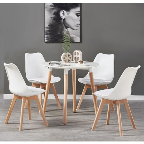Ensemble de salle à manger rond Halo Lorenzo - une table à manger en bois blanc et un ensemble de 4 chaises de salle à manger en polypropylène blanc - Salle à manger et cuisine