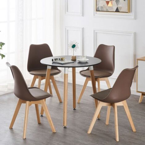 Ensemble de salle à manger rond Halo Lorenzo - une table à manger en bois noir et un ensemble de 4 chaises de salle à manger en polypropylène marron - Salle à manger et cuisine (1/5)