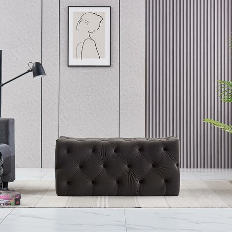 Melia Velours Petit Rectangle Pouf, Banc Ottoman, Repose-Pieds, Design LUX, Bouton Détaillé, Charcol (1/3)