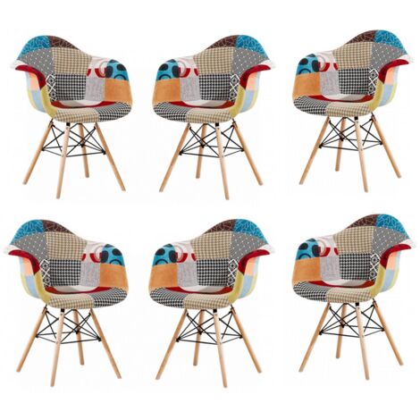 Lot de 6 chaises à accoudoirs patchwork Eiffel – Design rétro multicolore – Pieds en bois massif – Confort supérieur – Hauteur 76 cm – Life Interiors (1/5)