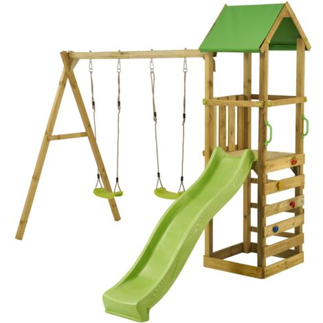 KANGUI Aire de jeux bois enfant WALLI 120 - Toboggan, balançoires, escalade et cabane