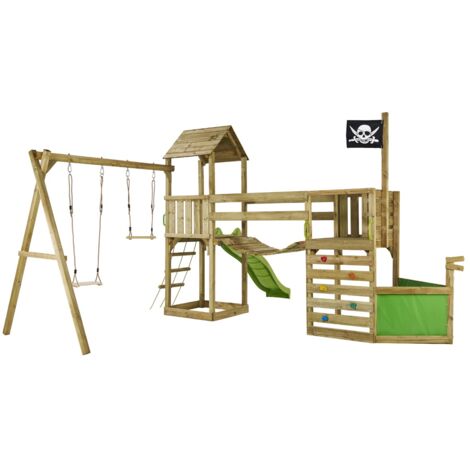 Aire de jeux en bois pirate avec vigie – Toboggan 219,6 cm, balançoire, mur d'escalade, pont suspendu – Certifié PEFC, traité Autoclave III et IV – Kangui