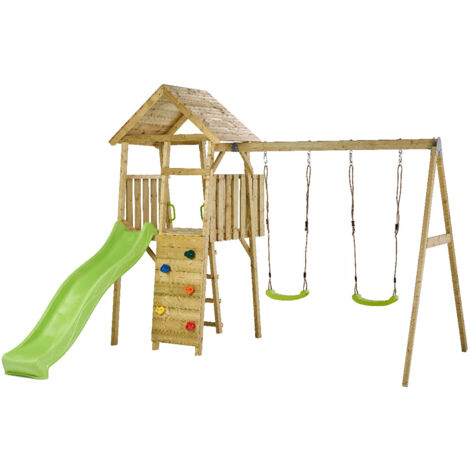 Aire de jeux portique en bois WOODI – Double balançoire – Toboggan ondulé 219,6 cm – Mur d'escalade avec 5 pierres – Cabane et échelle – Kangui