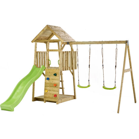 KANGUI Aire de jeux portique en bois WOODI - Double balançoire, toboggan, mur d'escalade, bac a sable, cabane, échelle