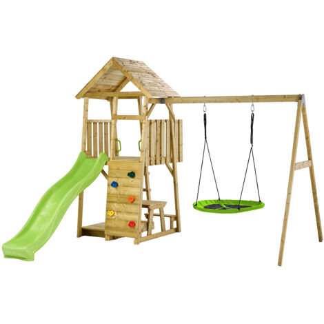 KANGUI Aire de jeux portique en bois WOODI - Double balançoire ou Nid, toboggan, mur d'escalade, bac a sable, table pique nique, cabane, échelle