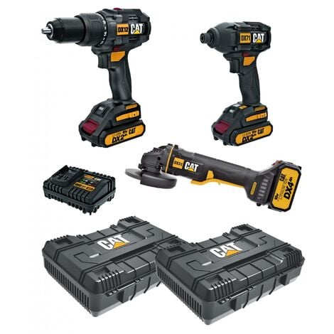 KIT DRILL PERCUSSION SCREWDRIVER AND GRINDER WITH BATTERIES AND CASES CATERPILLAR