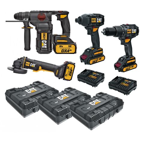 KIT HAMMER DX21 DRILL DX12 SCREWDRILL DX71 GRINDER DX31B 3 CASES 4 BATTERIES CATERPILLAR