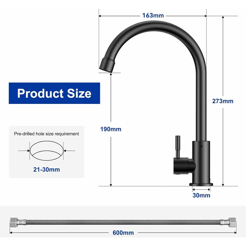 CECIPA Robinet Eau Froide Uniquement, avec 60cm Tuyau de Raccordement X1,  Pour Évier de Cuisine avec Écrou en Acier Inox 304, Robinet pour Cuisine &  Jardin : : Bricolage