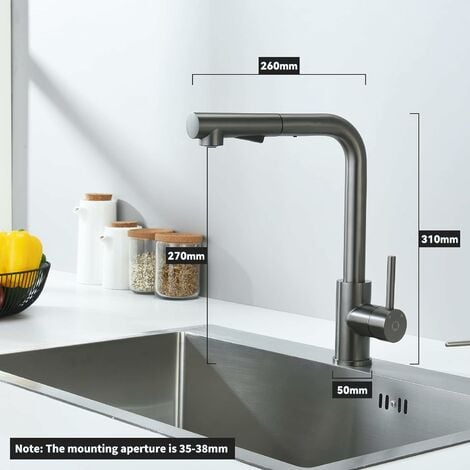 CECIPA Robinet Cuisine Douchette, Mitigeur de Cuisine Avec Douchette Extractible, Robinet d'Évier à 2 Types de Jets, Mitigeur Évier Monocommande en Acier Inoxydable, Rotatif 360°, Gris Noir
