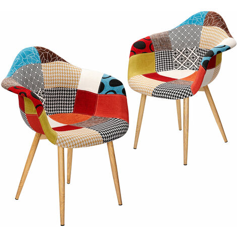 Vadim Lot de 2 chaises de salle à manger en patchwork fauteuils multicolores avec dossier en lin tissu et bois style pieds en métal multicolore chaises de salle à manger 2 chaises de salon