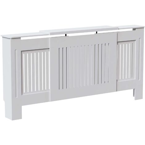 Chelsea Cache-radiateur moderne en MDF avec grille à lattes, Blanc, Réglable, H 82 x L 140–204 x P 20,5 cm