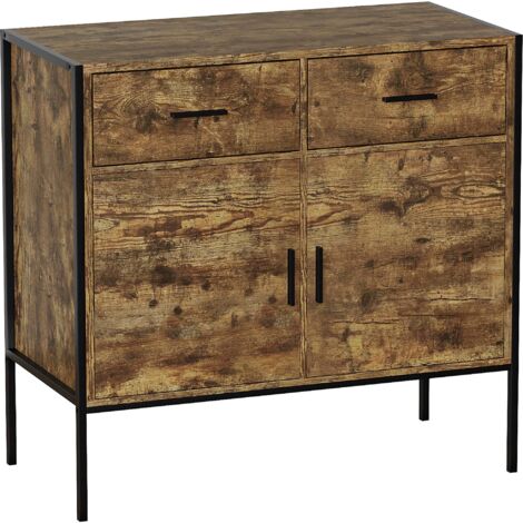 Brooklyn Industriel 2 Portes 2 Tiroirs Buffet Vitrine H 79,5 x L 83 x P 40 cm, Bois-Foncé (1/5)