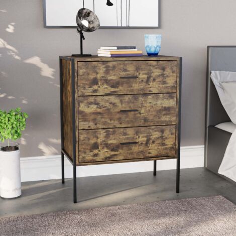 Brooklyn Commode 3 tiroirs table de chevet en bois meuble de rangement pour chambre, Bois-Foncé (1/5)