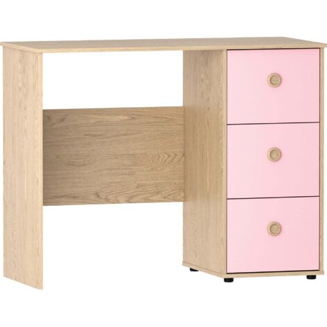 Home Discount – Bureau enfant avec 2 tiroirs et étagères – Dimensions H 70,5 x L 91,5 x P 40 cm – MDF et panneau de particules – Finition mélamine rose-chêne (1/5)
