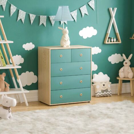 Commode Neptune 5 tiroirs pour chambre meuble de rangement pratique H 76 x L 64,7 x P 39,5 cm, Bleu-Chêne (1/5)