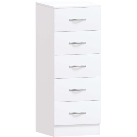 Home Discount – Commode étroite 5 tiroirs H 90 x L 34,5 x P 36 cm – MDF et panneau de particules – Poignées en acier inoxydable – Rangement chambre moderne