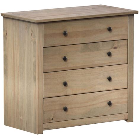 Home Discount – Commode en pin massif 4 tiroirs – Finition chêne – H 73,5 x L 80 x P 40 cm – Meuble de rangement pour chambre (1/5)