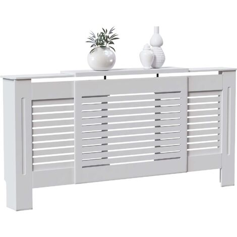 Milton Cache-radiateur moderne en MDF avec grille à lattes, Blanc, Réglable, H 82 x L 140–204 x P 19 cm