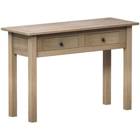 Home Discount – Console Panama en pin massif avec 2 tiroirs – Étagère inférieure – Dimensions H 72 x L 110 x P 40 cm – Finition chêne (1/5)