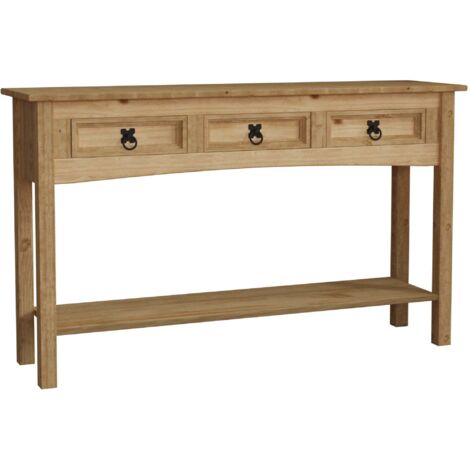 Home Discount – Console en pin massif avec 3 tiroirs – Dimensions H 70 x L 116 x P 30 cm – Finition cirée vieillie – Étagère inférieure pour rangement (1/5)