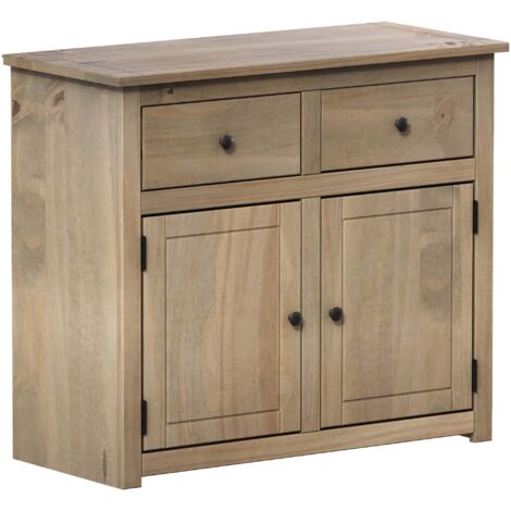 Home Discount – Buffet en pin massif 2 portes 2 tiroirs – Dimensions H 80 x L 93 x P 40 cm – Finition chêne pour style contemporain (1/5)