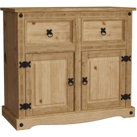Home Discount – Buffet en pin massif 2 portes 2 tiroirs – Dimensions H 76 x L 86 x P 40 cm – Finition cirée vieillie – Style rustique avec clous en métal noir (1/5)