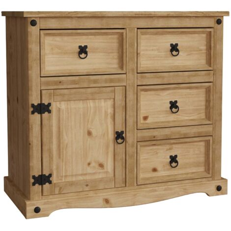 Home Discount – Buffet en pin massif 1 porte 3 tiroirs – Dimensions H 76 x L 86 x P 40 cm – Finition cirée vieillie – Style rustique avec clous en métal noir (1/5)