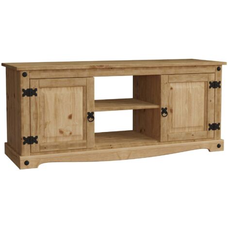 Home Discount – Meuble TV en pin massif 2 portes – Étagère ouverte – Dimensions H 51 x L 120 x P 40 cm – Finition cirée vieillie (1/4)