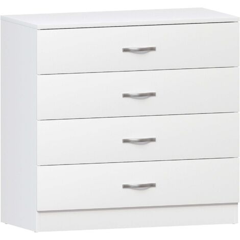 Home Discount – Commode 4 tiroirs blanche – Dimensions H 72 x L 75 x P 36 cm – MDF et mélamine – Poignées en acier inoxydable – Rangement moderne