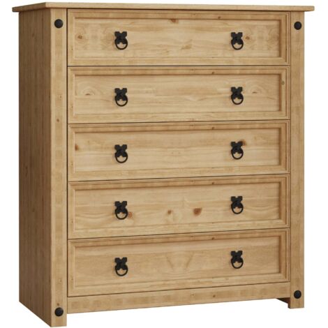 Home Discount – Commode rustique 5 tiroirs en pin massif – Dimensions H 90 x L 80 x P 41 cm – Finition cirée vieillie pour chambre