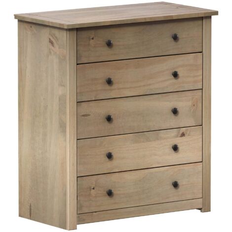 Home Discount – Commode en pin massif 5 tiroirs – Dimensions H 89 x L 80 x P 41 cm – Finition teinte chêne – Rangement élégant pour chambre