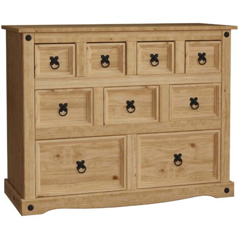 Home Discount – Commode 9 tiroirs en pin massif – H 76 x L 95 x P 40 cm – Finition cirée vieillie – Clous décoratifs en métal noir