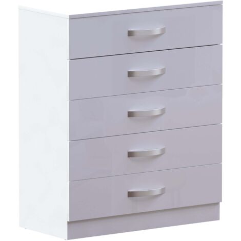 Hulio Commode 5 tiroirs haute brillance meuble de rangement pour chambre H 90 x L 75 x P 36 cm, Blanc