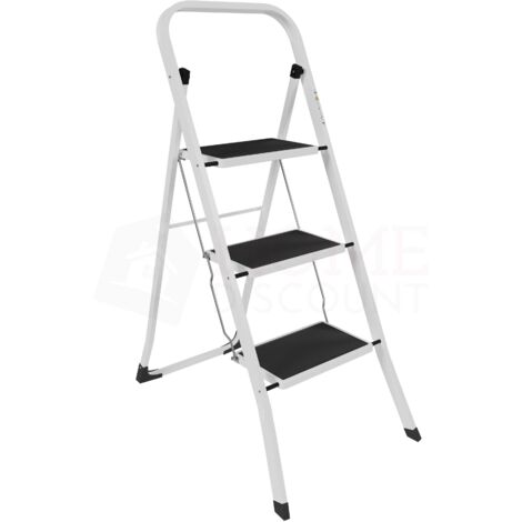 3-stufige Klappleiter aus robustem Stahl mit rutschfesten Stufen, faltbar und tragbar, Weiß, H 103 x B 46 x T 68 cm