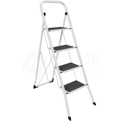 4-stufige Klappleiter aus Stahl mit rutschfester Matte, belastbar und tragbar, Weiß, H 127 x B 47 x T 90 cm