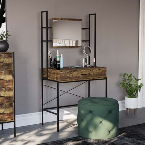 Brooklyn Industrial Dressing Table 1 Drawer Makeup Desk Vanity Set Bedroom Furniture Dark Wood
